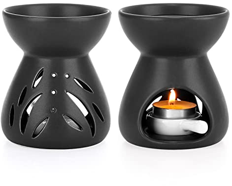 TOLIDA 2 Pcs Keramik Duftlampe mit Abnehmbarer Löffelform Kerzenhalter Trichterform Aromatherapie Brenner Ätherisches Öl Räuchergefäß Wachsschmelzbrenner Schwarz für Schlafzimmer Wohnzimmer Yoga