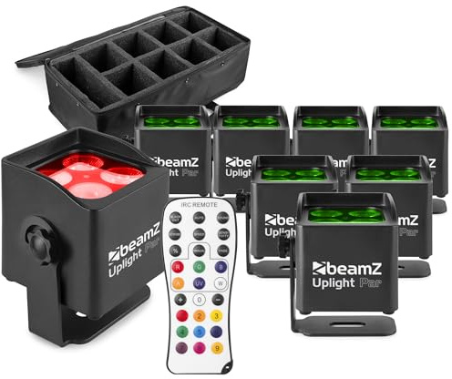 BeamZ BBP44 Akku Uplight 8er Set mit Tasche Mini 4x4 Watt LED Par Strahler | 25h Akkulaufzeit, 0-100% Dimmer, RGWB, IP65, Bühnenbeleuchtung, Soundmodus, Automodi, inkl. Fernbedienung, Batterie, Outdoor