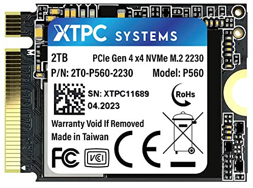 XTPC Systems Unità a lato singolo SSD NVMe PCIe Gen 4.0x4 da 2 TB P560 M.2 2230, lettura 5100 MB/s, scrittura 3200 MB/s (aggiornamento per Steam Deck, Ally, Surface)