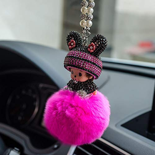 Auto Rückspiegel Ornament,Bling Strass Rückspiegel Anhänger Süße Puppe Plüsch Ball Auto Hängende Anhänger Niedlich Auto Spiegel Anhänger Auto Innen Dekoration Geschenke für Frauen Männer-Rose