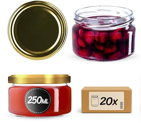 KADAX 20er Set Marmeladengläser 250ml TO82 Gold, Einmachgläser Vorratsgläser Mason Jar mit Schraubdeckel, Luftdichte Schraubgläser, Honig & Konfitüre
