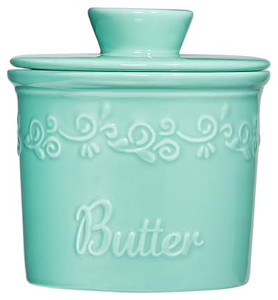 Sheffield Home French Butter Dish Crock with Lid & Spreader – 6oz Ceramic Butter Crock for Counter with Water – Microwave & Dishwasher Safe (Turquoise)