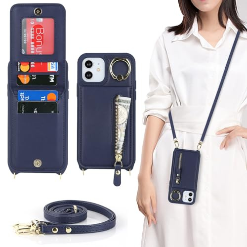 Zouzt Crossbody Wallet Case for iPhone 12/12 Pro, with Strap, Blue | Lanyard Purse, 4 Card Holder, 360° Ring Kickstand, PU Leather Zipper Handbag, Shockproof TPU, Back Flip Phone Cover for Women