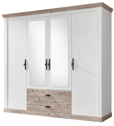 Furn.Design Kleiderschrank in weiß Pinie und Oslo Pinie Landhaus Drehtürenschrank 4-türig mit Spiegel Schlafzimmer Schrank 217 x 201 cm Rovola (Kleiderschrank 2)