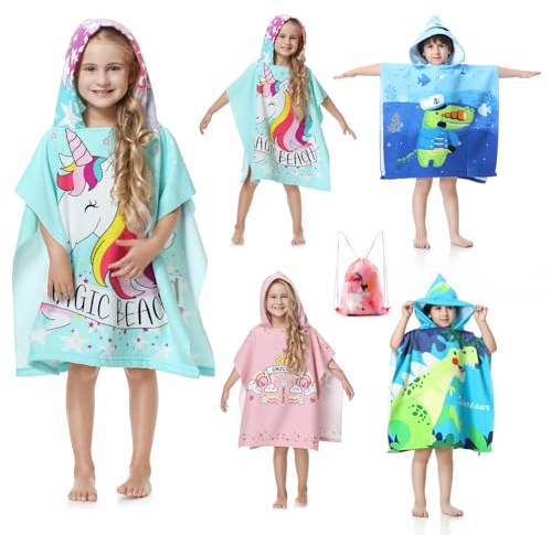 MOKANI Badeponcho Kinder mit Kapuze, Mikrofaser Handtuch Poncho mit Kordelzugbeutel, Weich & SaugfäHig Strandtuch Badetuch Badehandtuch füR MäDchen, Jungen (Kinderhöhe: 85-110 cm)