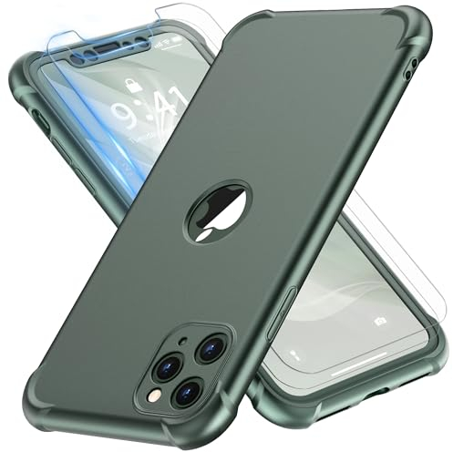 ORETECH for iPhone 11 Pro Max Case, with [ 2 x Tempered Glass Screen Protector] 360 Shockproof Heavy Duty Protection Ultra Thin Hard PC Silicone Rubber Bumper Cover for iPhone 11 Pro max - Dark Green