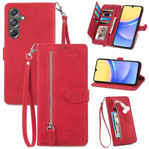 JayModCase Coque pour Samsung Galaxy A15, PU Portefeuille Rabat Fermeture aimantée étui en Cuir [Antichoc TPU] [Fonction Support] [Dragonne] Étui pour Galaxy A15 - Rouge