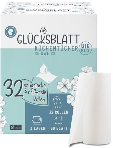 Glücksblatt Küchentücher, 32 Rollen á 50 Blatt, 3-lagige Küchenrollen | saugstarkes Küchenpapier aus Frischzellstoff, extrem reißfest, FSC® zertifiziert, plastikfrei in Karton, weiße Küchenrolle