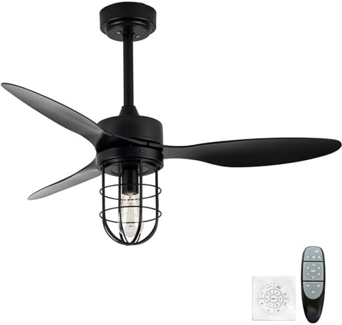 Retro deckenventilator mit beleuchtung kreatives Design leise deckenventilator mit licht und fernbedienung reversibel 6 gang lampe ventilator timer schlafzimmer wohnzimmer-Black