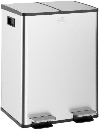 HOMCOM Cubo de Basura de Cocina con 2 Compartimentos 2x20L con Pedal Plata | Papelera Cocina, Acero Inoxidable, Tapas de Cierre Suave, Cubo Extraíble, para Reciclaje Residuos Restos de Comida