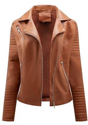 OULIWANGLUO Damen Sexy Reverskragen Lederjacke Slim Casual Kunstlederjacke Frühling Herbst Leichte Bikerjacke (Braun,M)