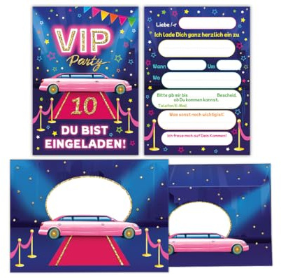 Junaversum 12 Einladungskarten incl. 12 Umschläge zum 10. Kindergeburtstag Mädchen VIP Disco Mädchengeburtstag Einladungen zehnte Geburtstag Kinder