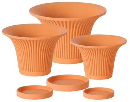 Lot de 3 pots de fleurs en terre cuite rayée rouge avec trou de drainage et soucoupe Grand calibre pour orchidée à suspendre Motif frotté Blanc