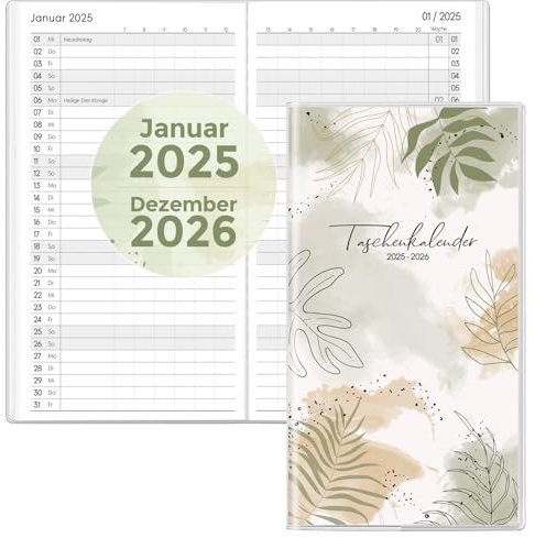 SKYDUE Monatskalender 2025-2026, Monatsplaner klein, Kalender, Taschenkalender mit Jahres- & Ferienübersicht, 1 Monat auf 2 Seiten, 64 Seiten, Jan.2025-Dez. 2026, 16,5 x 9 cm