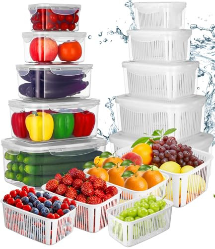 Ixydor Frischhaltedosen Obst Gemüse mit Deckel Sieb, 5 Set obst aufbewahrung Kühlschrank Organizer, gemüse aufbewahrung Stapelbare aufbewahrung kühlschrank gemüsebox 5,8 L+3,8 L+2,3 L+1,3 L+0,7 L