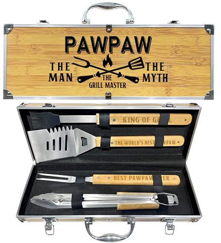 Paw Paw Gifts, Vatertag Pawpaw Geschenke von Enkelkindern, robustes Holzgrillzubehör-Set für Hinterhof, dickes Edelstahl-Grillbesteck mit rutschfestem Griff, Werkzeuge in tragbarer Tasche