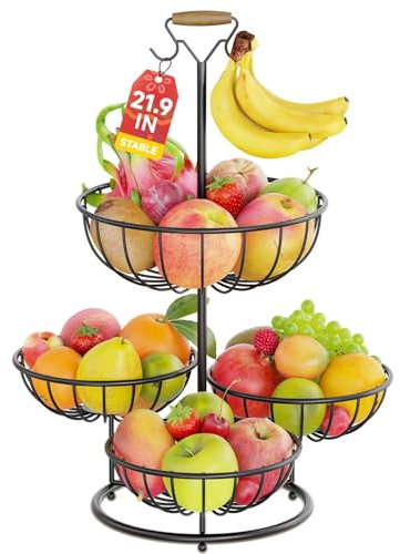 PouHenier.jh 4 Tier Fruit Basket Rack with Banana Hanger, Kitchen Counter Metal Wire Tiered Vegetable Storage Bowl for Dining Table, Stable Countertop Produce Display Stand, No Screw Easy Setup, Black