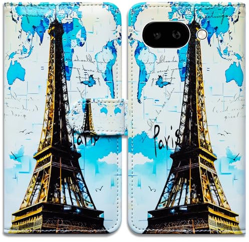 Bcov Case For Pixel 9a,Paris Eiffel Tower Map Leather Flip Phone Case Wallet Cover with Card Slot Holder Kickstand Case for Google Pixel 9a