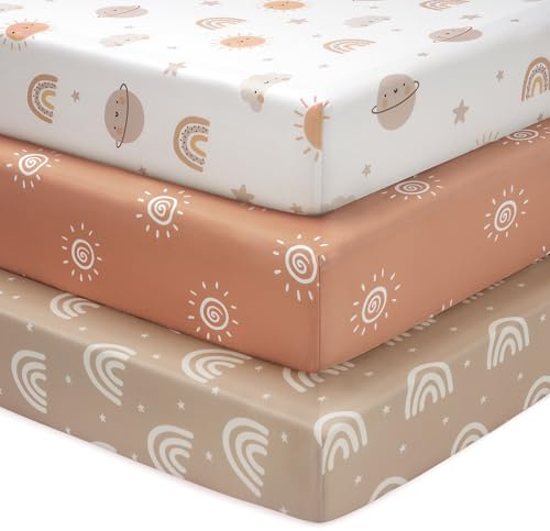 Fiemol Sábanas Bajeras Cuna 120x60 cm, Juego de 3 Sábanas para Cuna de Bebé, con Esquinas Elásticas, Microfibra Ultra Suave y Sedosa, Naranja y Arcoíris