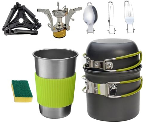 BESTonZON 1ensemble Casseroles Aluminium Portable pour Camping Ustensiles De Cuisine Extérieure Personnes avec Réchaud Et Éponge De Nettoyage