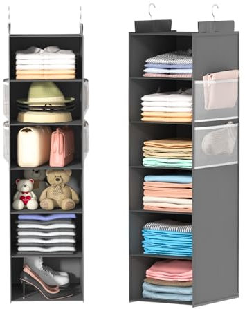 Extra Deep Hanging Storage with 6 Shelves and Large Mesh Pockets, Durable, Heavy-Duty Wardrobe Storage Organiser, Hanging Shelves for Clothes and Hats, Ideal for Dorms and Wardrobe, 1-Pack(Gray)