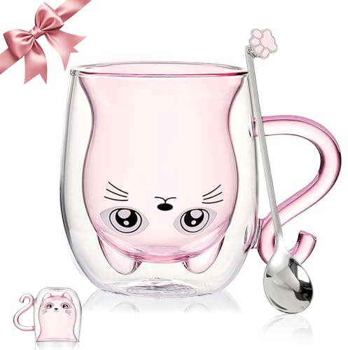 Gåvor för kvinnor söta saker kattmugg dubbelväggiga glas kaffemuggar tekopp alla hjärtans dag nytt hem tack halloween jul födelsedagspresent till henne, mamma, kollegor, lärare, bästa vän, damgåva