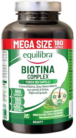 Equilibra Biotina Altodosata 450 mcg, per Capelli e Unghie, con Zinco, Rame, Selenio, Estratti di Ortica, Miglio, Equiseto, Vegan, Senza Glutine, Privo di Lattosio, 180 Capsule