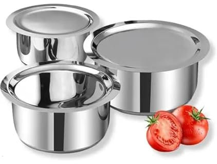 Vediknectar® Stainless Steel Patila 3 Piece Pan Set Cooking Pot with Lid Indian Cookware Dish Maker Kitchen Accessories Milk Pan Round Patila Bhaguna Traditional Bowl Food Container Wedding Gifts