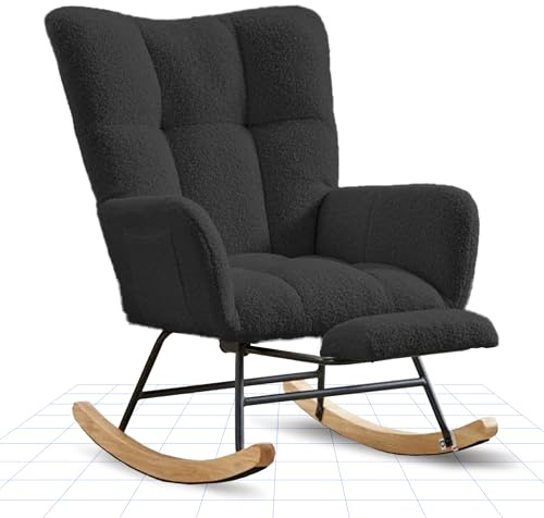 FLEXISPOT Schaukelstuhl mit Hoher Rückenlehne & Fußstütze – Moderner Schwingsessel mit Holzkufen, Gepolsterter Relaxsessel für Wohnzimmer & Schlafzimmer, Bis 120 kg Belastbar Schwarz