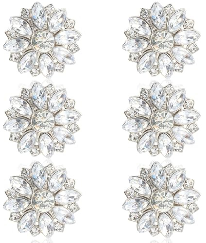 Elegaperma 6 Pcs Button Covers Clip on, 1.12 Diameter Silver Floral Design Rhinestone Button Covers for Women Snap On, Sparkling Rhinestone Buttons to Refresh Shirts Blouses Dresses Coats