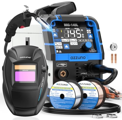 AZZUNO 145A MIG Welder with Welding Helmet, 110V/220V Dual Voltage 4 in 1 Gas/Gasless Flux Core MIG Welder/Lift TIG/Stick Welding Machine, Wire Feed Welder with Synergic Control