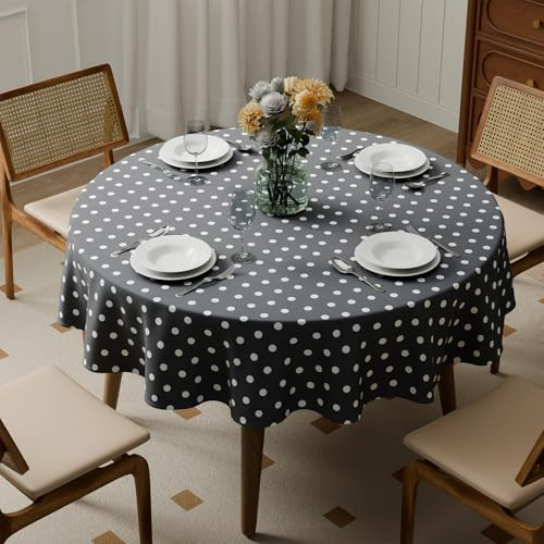 Kmhesvi Round Wipe Clean Tablecloth Table Cover 140 cm 55.1 inch Wipeable Water Resistant Polyester Tablecloth, Polka Dot Grey White