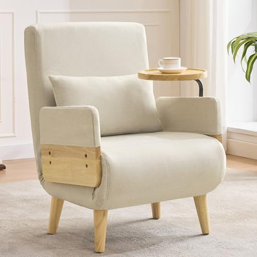 Merax Schlafsessel mit Bettfunktion, Schlafsofa 3 in 1 Klappsessel mit Verstellbarer Rückenlehne, Holztablett, Kissen - Metallrahmen & Leinen - für Wohnzimmer/Schlafzimmer/Büro, Beige