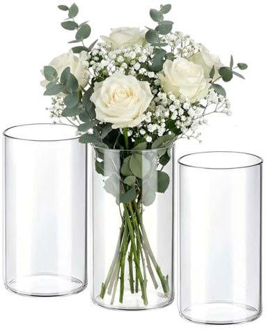 Glass Vase Set, 3 Cylindrical Transparent Vases for Wedding, Table Decoration, Candle Holder, Flower Arrangements (15 cm, 3 Pieces)