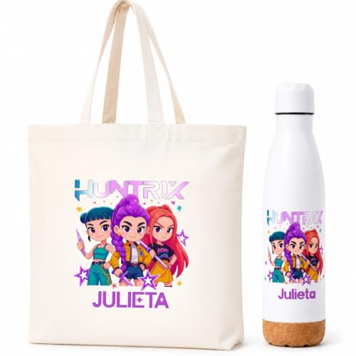 Gifters | Bolsa Personalizada con Nombre y Botella Acero Inoxidable 750 ml | Diseño Personajes Estilo Kpop | Tote Bag con Cremallera | Pack Regalo Original para Niña, Cumpleaños, Navidad y Comunión