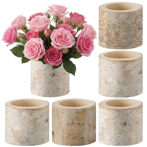 Acellegic 6 Pcs Natural Birch Vase Wooden Vase Natural Birch Bark Flower Pots Country Style Wood Planter for Garden Wedding Party Window Home Farmhouse Centerpieces