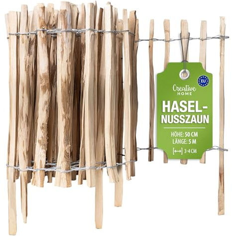 Creative Home trästaket 50cm högt och 5m långt | hasselnötsstaket | rullstaket | lamellavstånd 3-5 cm | trädgårdsstaket Perfekt som gräsmatta kantning blomsterbädd kantning gjord av hasselnöt