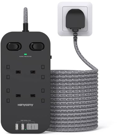 5M Extension Lead Surge Protected, 4 Way Outlets with 2 USB C & 2 USB A | Extra Long Power Strip with Double Switches, 3250W Heavy Duty Extension Cable, Multi Plug Socket for Workshop Garage Home