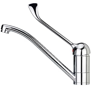 TEKA Grifo de Cocina Monomando, Caño Giratorio, Maneral Gerontológico, Aireador Anticalcáreo, Latiguillos Flexibles de 3/8”, Modelo MED 913