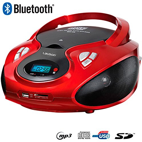 Lauson CP439, Radio Boombox FM/AM, CD Portátil, con USB, Lector de tarjetas SD, Rojo/Negro