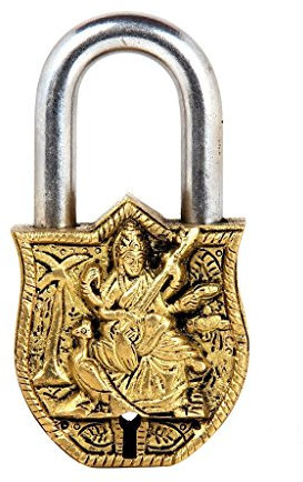 Purpledip VZH377 Antique Padlock with Antikes Vorhängeschloss mit Saraswati Idol, goldfarben, 22,9 cm (9 Zoll)