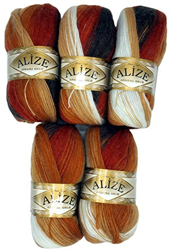 5 x 100 g Alize Strickwolle mehrfarbig mit Farbverlauf, 500 Gramm Strickgarn mit 20% Wolle-Anteil (terra braun beige creme 2626)