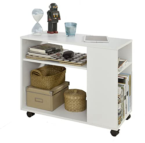 SoBuy Beistelltisch mit Rollen, 2-stufiger Rollender Beistelltisch mit Ablagefächern, Mobiles Bücherregal für Wohnzimmer, Schlafzimmer, Büro, L70 x B35 x H60cm Weiß FBT34-W