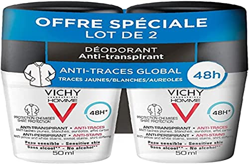 Vichy Homme, Déodorant Anti-Transpirant 48H, Roll-on, Anti-Traces, Sans Alcool, Hypoallergénique, Tous Types de Peau, 2 x 50ml