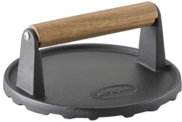 RÖSLE Barbecue-Gewicht, Hochwertiges Gewicht zum schnelleren Garen von Burgern oder Steaks, Gusseisen, Holzgriff, 17,5 cm