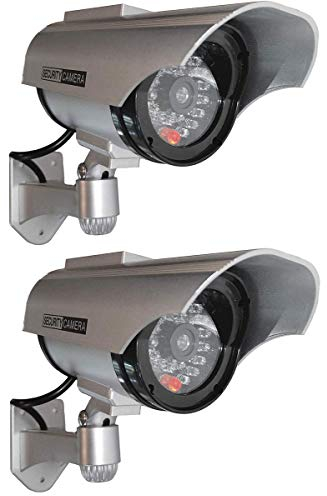 Set di 2 telecamere di sorveglianza finte a energia solare, per esterni, con obiettivo e indicatore di direzione