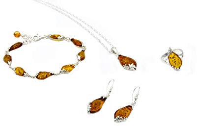 Bernstein Schmuck Set Halskette Pendant Armband Ohrringe Ring Schmuckset Damen Silber 925