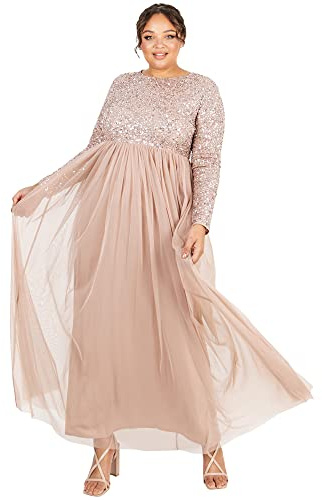 Maya Deluxe Women's Maya Embellished Long Sleeve Maxi Dress Bridesmaid Taupe Blush