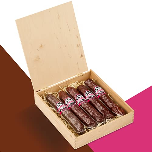 Salami Wurst Sticks in Holzkiste vom Metzgerweltmeister Freyberger in Geschenk-Box | Nürnberger Wurst & Fleisch Geschenkideen | lustiges Geschenk | Wurstsnack aus regionalem Fleisch