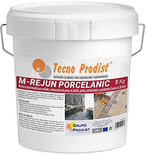 M-REJUN PORCELANIC de Tecno Prodist - (5 Kg, Gris) - Mortero para Lechada impermeable azulejos y suelos. Pavimentos cerámicos, ladrillos, piedra, etc. (Junta ancha de 4 a 20mm)